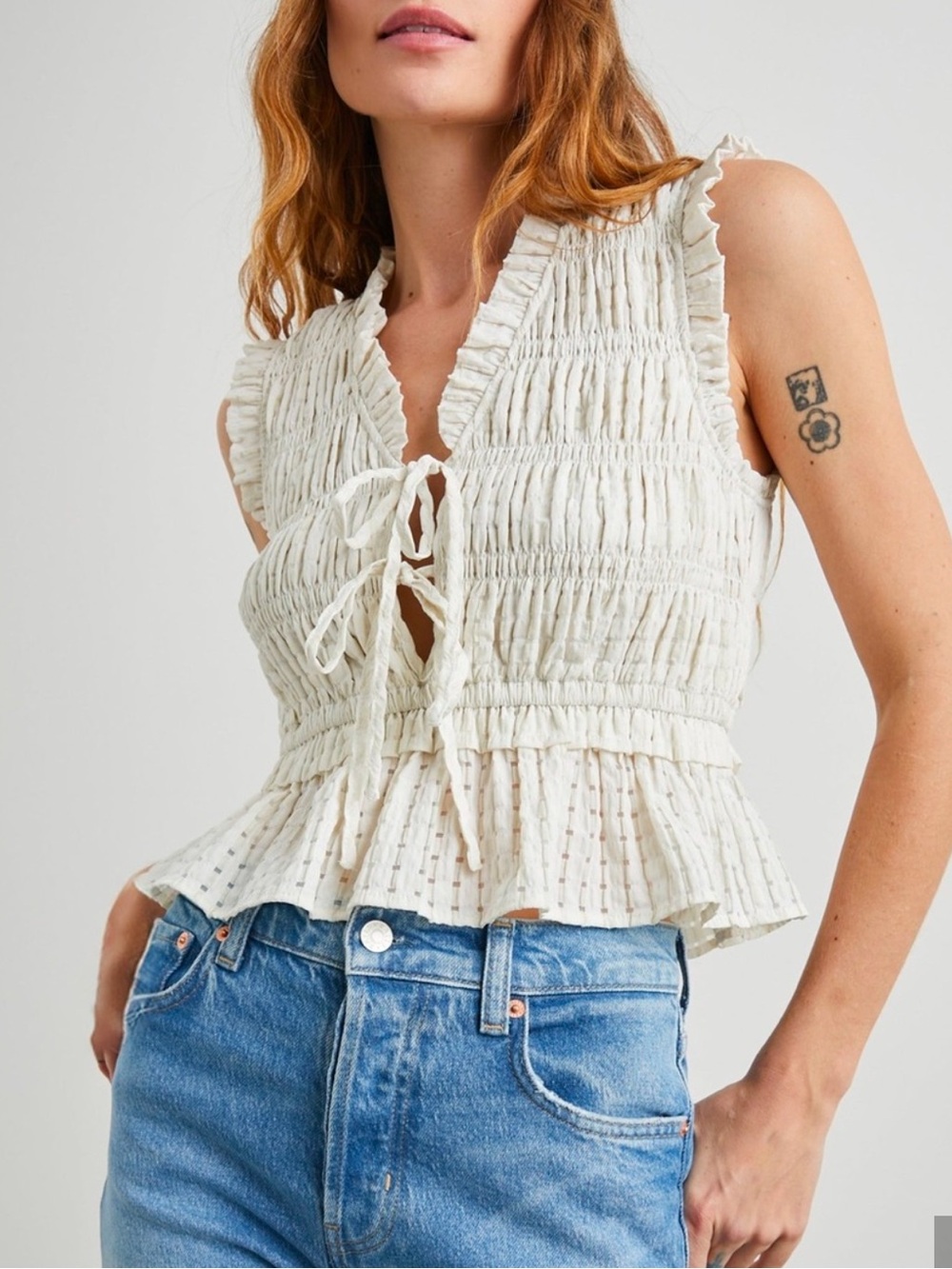 NWT - Astr The Label - Cream Ruffled Tie-Front Smocked Camisole Top